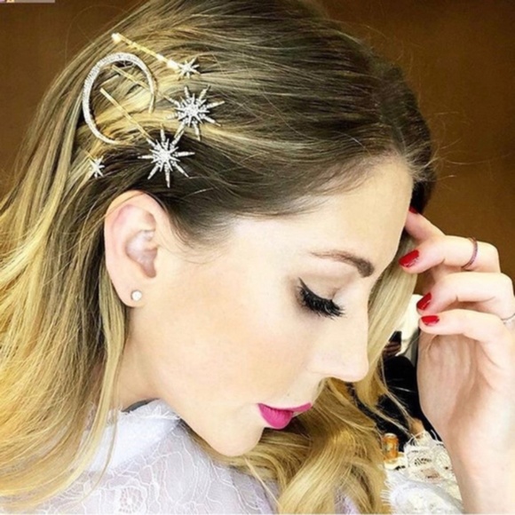 NWT New! 3 Bronze White Rhinestones Star Moon Hair Clips - Picture 8 of 8